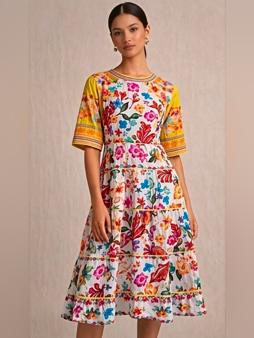 John Mark Floral Tiered Midi Dress in Multicolor